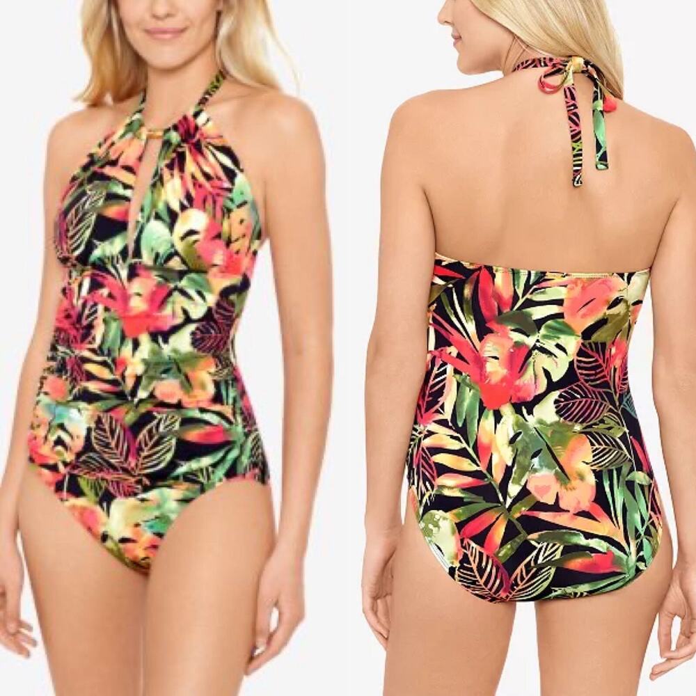 LRL Ralph Lauren Midnight Tropical High Neck Ruched Swimsuit Multi Women's 6 NWT